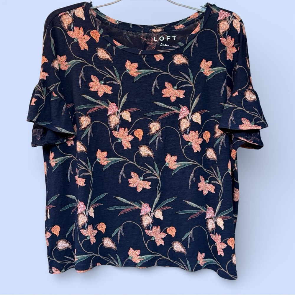 Loft Linen Tee Blouse Pullover Navy Blue Floral Ruffle Sleeve Sz L 100% Linen